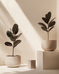 Poster - Two potted plants with wide leaves in minimalist beige pots on light beige cubes against a beige wall with sunlight.