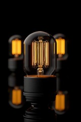 Poster - Three vintage-style LED light bulbs illuminate a dark background, showcasing their warm glow and classic design.