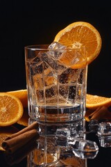 Poster - Sparkling citrus cocktail with ice and cinnamon in a rocks glass on black reflective surface.