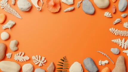 Poster - A vibrant orange background adorned with various stones and natural elements, creating an artistic, organic border.