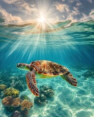 Poster - Sea turtle swimming in vibrant coral reef, sunlit ocean.