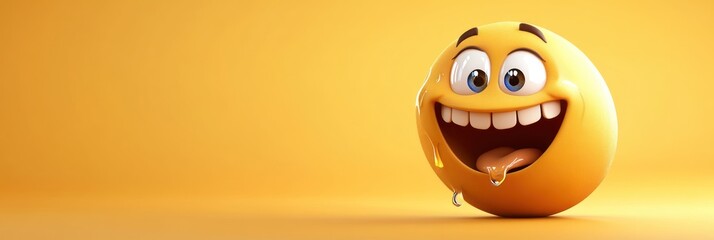 Poster - 3D rendering of a happy, laughing egg emoticon with a drooling tongue against a yellow background.