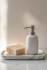 Poster - White soap dispenser and sponge on marble tray in sunlight.