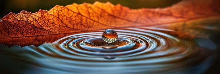 Poster - Water droplet falling on calm water with an autumn leaf.
