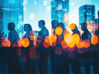 Poster - Silhouetted figures of diverse people standing in a row against a blurred city backdrop at night.