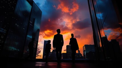 Poster - Silhouetted businesspeople walking in city at sunset.