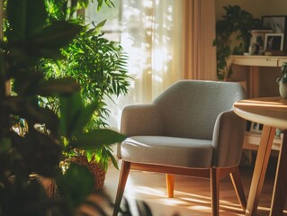 Poster - Sunlit living room with armchair and plants.