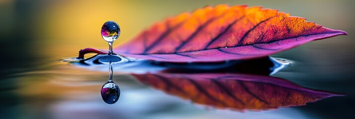 Poster - Water droplet on an autumn leaf reflecting in still water.