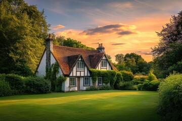 Poster - Charming cottage at sunset, nestled in lush greenery with vibrant sky.