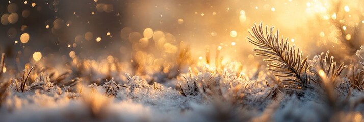 Poster - Frosty winter scene with sunlit pine branch and bokeh.