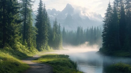 Poster - Misty morning river path in a serene mountain forest.