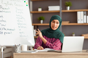 Aufkleber - Modern Distance Learning. Muslim English teacher making video conference chat with students using pc laptop. Lady in hijab sitting at desk pointing on board teaching from home during covid outbreak