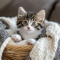 Aufkleber - Adorable tabby kitten nestled in a cozy knitted blanket inside a wicker basket.