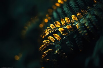 Aufkleber - Golden fern leaves illuminated in dark forest.