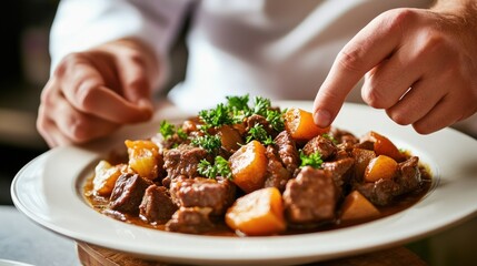 Poster - Close-up of chef's hands arranging a delicious beef stew with potatoes and parsley on a white plate.