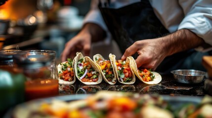 Poster - Chef preparing delicious tacos with fresh ingredients in a professional kitchen.