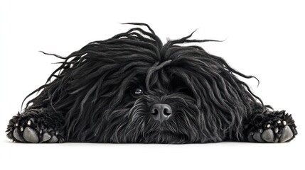 Poster - Fluffy black dog lying down, looking at camera, isolated on white background.
