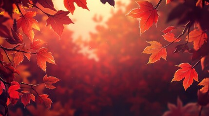 Poster - Vibrant red autumn leaves frame a sunlit forest scene.