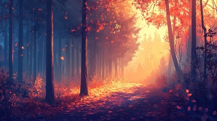 Aufkleber - Sunlit autumn path through a mystical forest with red and orange leaves.