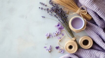 Leinwandbilder - Lavender, twine, and purple fabric on a marble background.