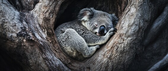 Aufkleber - Koala sleeping soundly in a tree hollow.