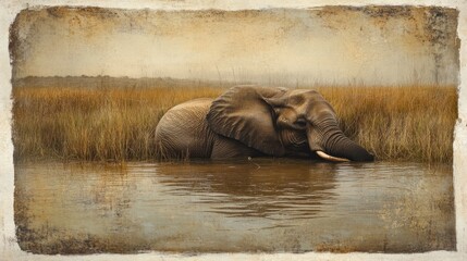 Poster - Solitary elephant cooling off in a tranquil swamp.