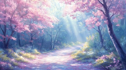 Aufkleber - Sunbeams illuminate a path through a dreamy pink blossom forest.