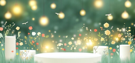 Aufkleber - Magical garden scene with glowing lights and flowers surrounding white podiums.