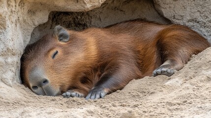 Poster - A capybara sleeps soundly curled in a sandy burrow, its eyes closed and paws tucked neatly.
