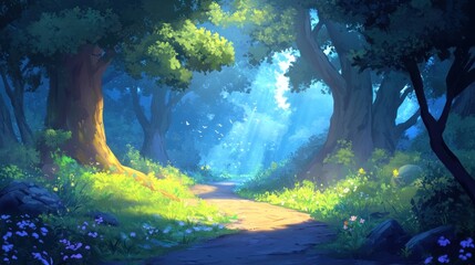 Aufkleber - Sunlit path through a lush, green forest with wildflowers and large trees.