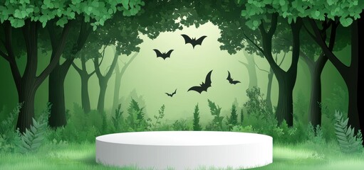Aufkleber - Mystical forest scene with bats and a white pedestal.