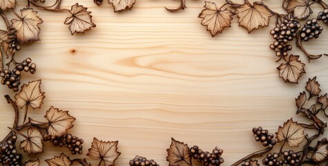 Aufkleber - Wooden background with pyrography grapevine border.
