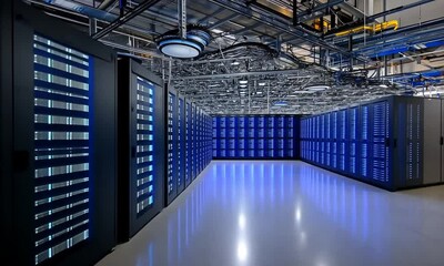 Sticker - Gigantic Server Room: Blue Lit Data Center Interior