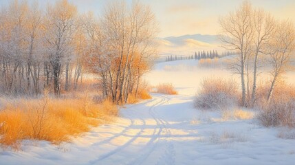 Poster - Snowy landscape at sunrise, with frost-covered trees and a path through the snow.