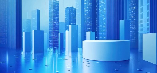 Poster - Futuristic city skyline with a white platform in the foreground.