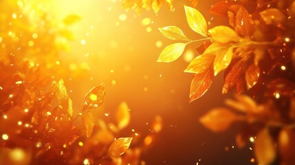 Poster - Golden autumn leaves falling, sunlight bokeh background.