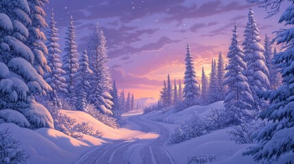 Aufkleber - Serene winter sunrise over snow-covered road winding through a pine forest.
