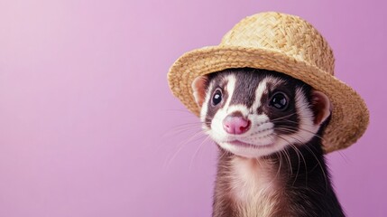 Poster - Adorable ferret wearing a straw hat against a purple background.