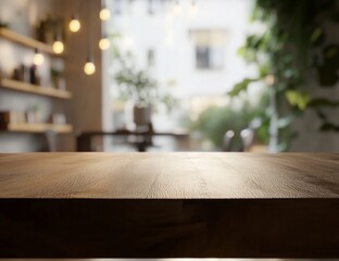 Wall Mural - Empty wooden table in blurred cafe background. (2)