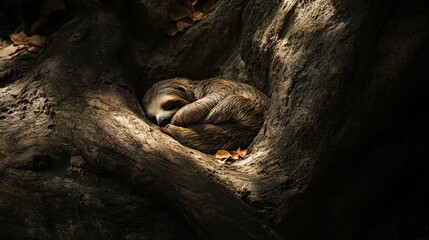 Aufkleber - A sloth sleeps curled up in a tree's hollow, sunlight illuminating its peaceful slumber.