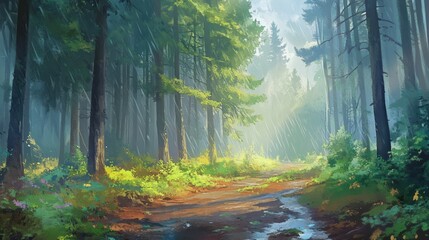 Aufkleber - Sunbeams pierce a misty forest path, illuminating lush greenery and a dirt road with puddles.