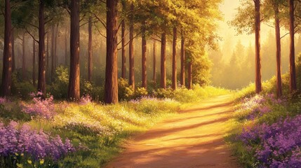 Aufkleber - Sunlit path winding through a vibrant forest with wildflowers and tall trees.
