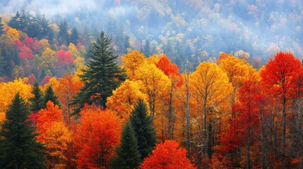 Aufkleber - Misty mountain landscape with vibrant autumn foliage.