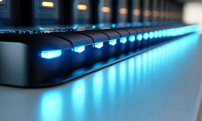 Sticker - Glowing Blue Server Lights: Data Center Technology Close-Up