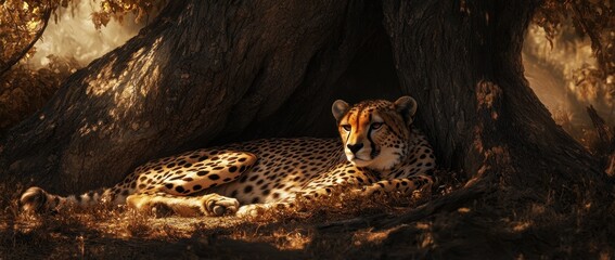 Poster - Cheetah resting under a large tree in golden sunlight. (1)