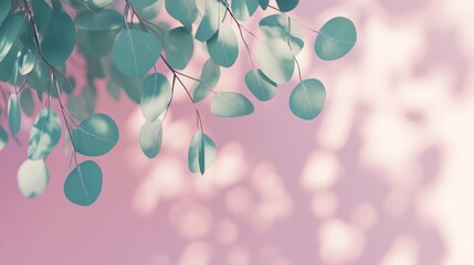 Aufkleber - Pastel pink background with eucalyptus leaves and soft light shadows.