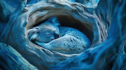 Aufkleber - A koala sleeps soundly curled in a tree hollow at night.