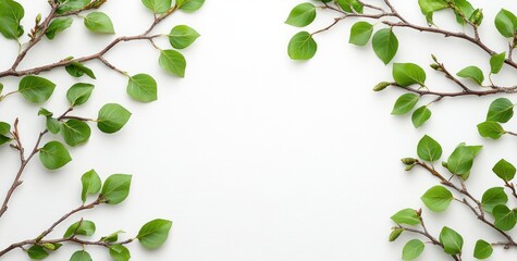 Poster - Fresh green branches with leaves arranged symmetrically on white background, creating a frame.