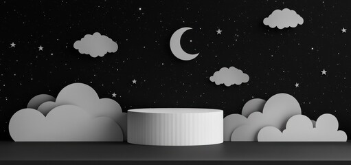 Poster - White cylindrical podium against a night sky backdrop with clouds and a crescent moon.