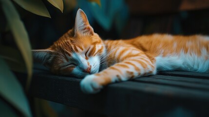Aufkleber - An orange tabby cat naps peacefully on a wooden bench, nestled amongst lush green foliage.